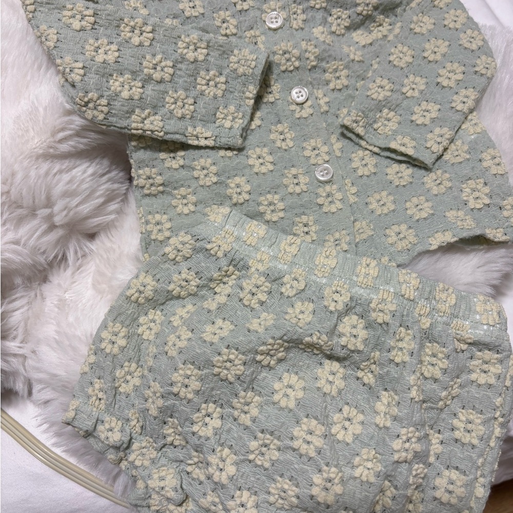 Textured Knit Lace Two-Piece Floral Set in Sage and Cream